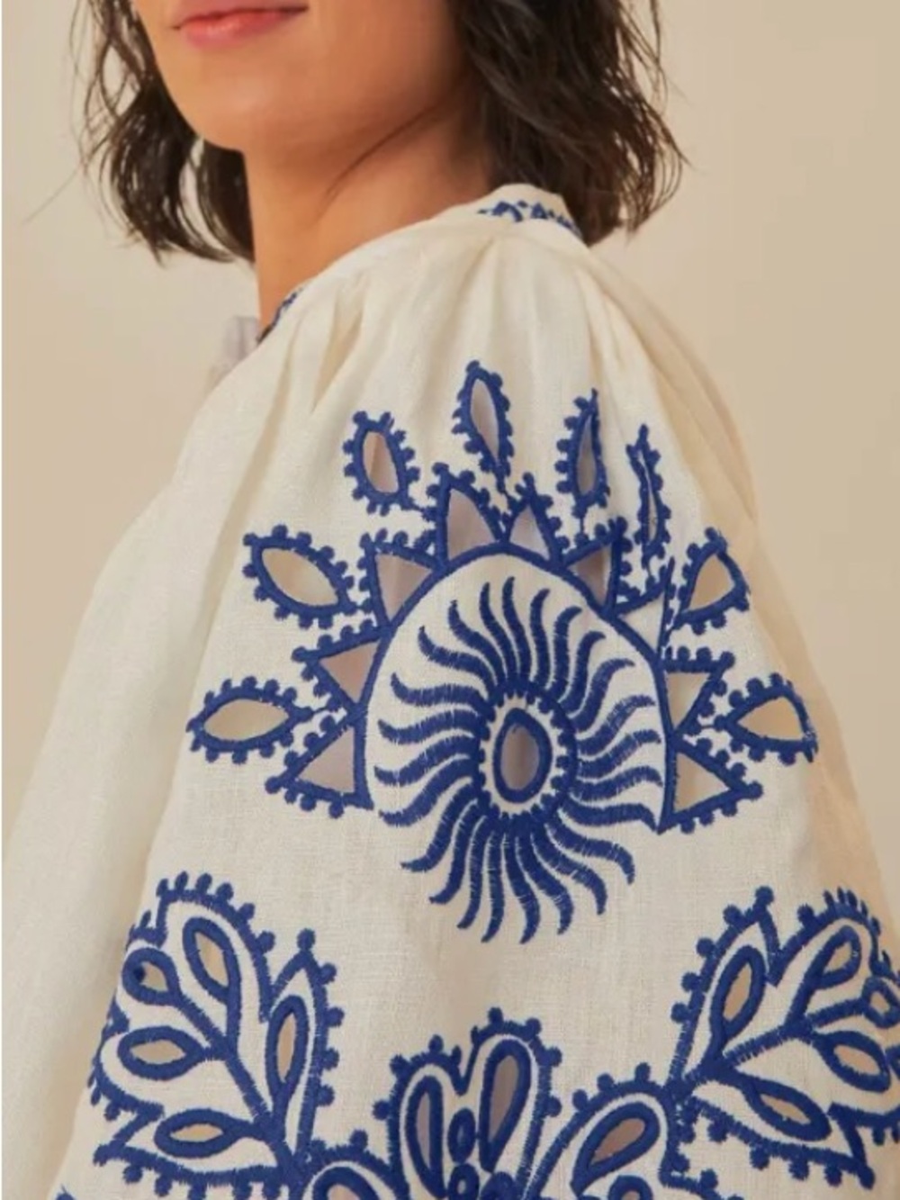 FARM Rio- Embroidered Puff-Sleeve Linen Mini Dress in White and Blue - Picture 3 of 4